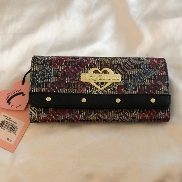 Juicy Couture Black Beige Multi Faux Leather Glam Elongated Flap Wallet NWT - Picture 1 of 13